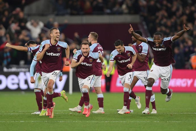 West Ham players celebrate following their penalty shootout victory against Manchester City in Carabao Cup action