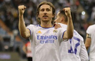 Luka Modric celebrates during Supercopa final vs Athletic Bilbao