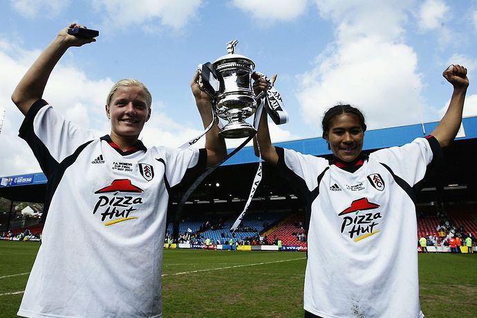 Rachel Yankey and Katie Chapman celebrate Women's FA Cup win