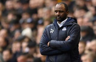 Crystal Palace manager Patrick Vieira watching on from the touchline