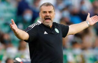 Celtic boss Ange Postecoglou disputes a refereeing decision