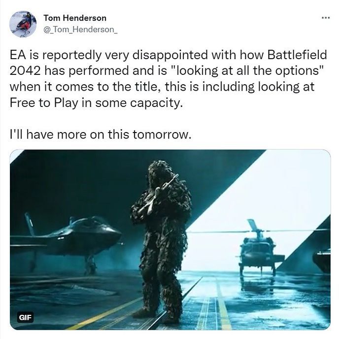 Tom Henderson reports on Battlefield 2042 on Twitter.