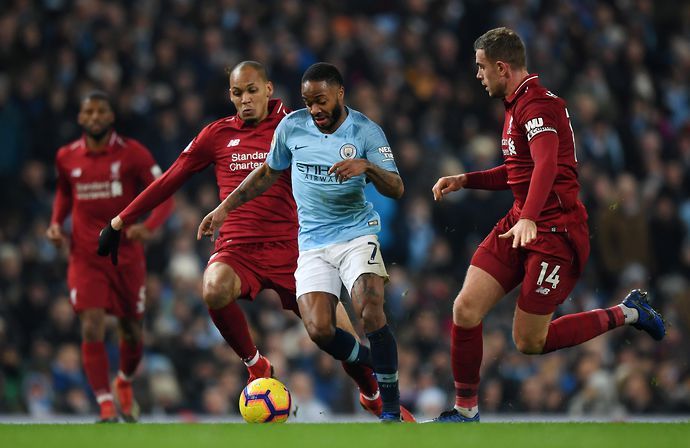 Raheem Sterling in action for Manchester City against Liverpool