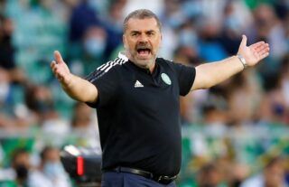 Celtic boss Ange Postecoglou disputes a refereeing decision