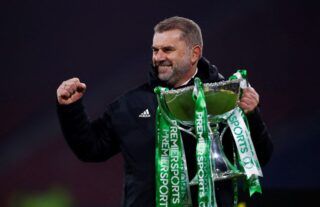 Celtic manager Ange Postecoglou with the Scottish League Cup trophy