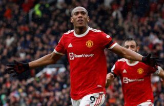 Anthony Martial celebrates after finding the back of the net for Manchester United