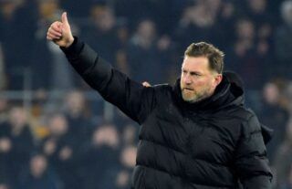 Southampton manager Ralph Hasenhuttl gives a thumbs-up to the fans