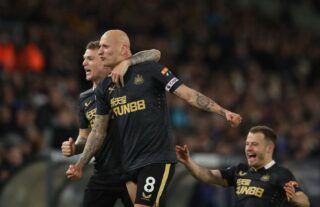 Newcastle United celebrate scoring a goal vs Leeds United