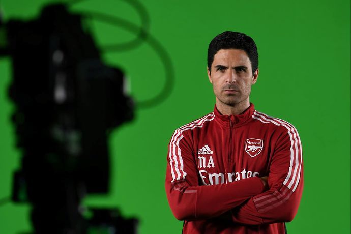 Arsenal manager Mikel Arteta in front of what is believed to be Amazon cameras.