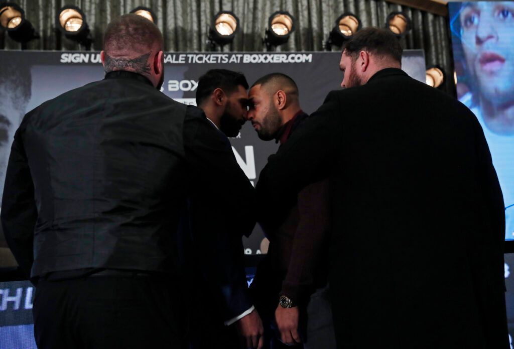 Amir Khan and Kell Brook go head to head during the press conference Action Images via Reuters/Andrew Couldridge