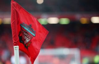 General view of a Liverpool crest seen on a corner flag inside the stadium before the match