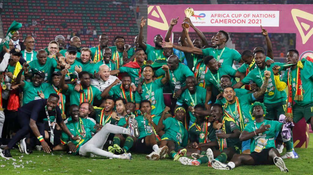 Senegal players celebrate with the trophy after winning the Africa Cup of Nations