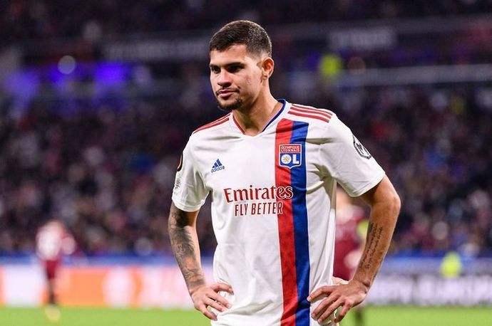 Bruno Guimaraes reacts during a Ligue 1 match for Lyon.