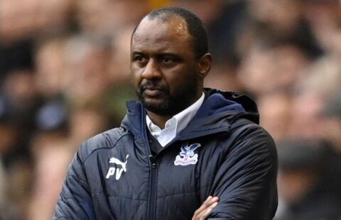 Crystal Palace boss Patrick Vieira watches on