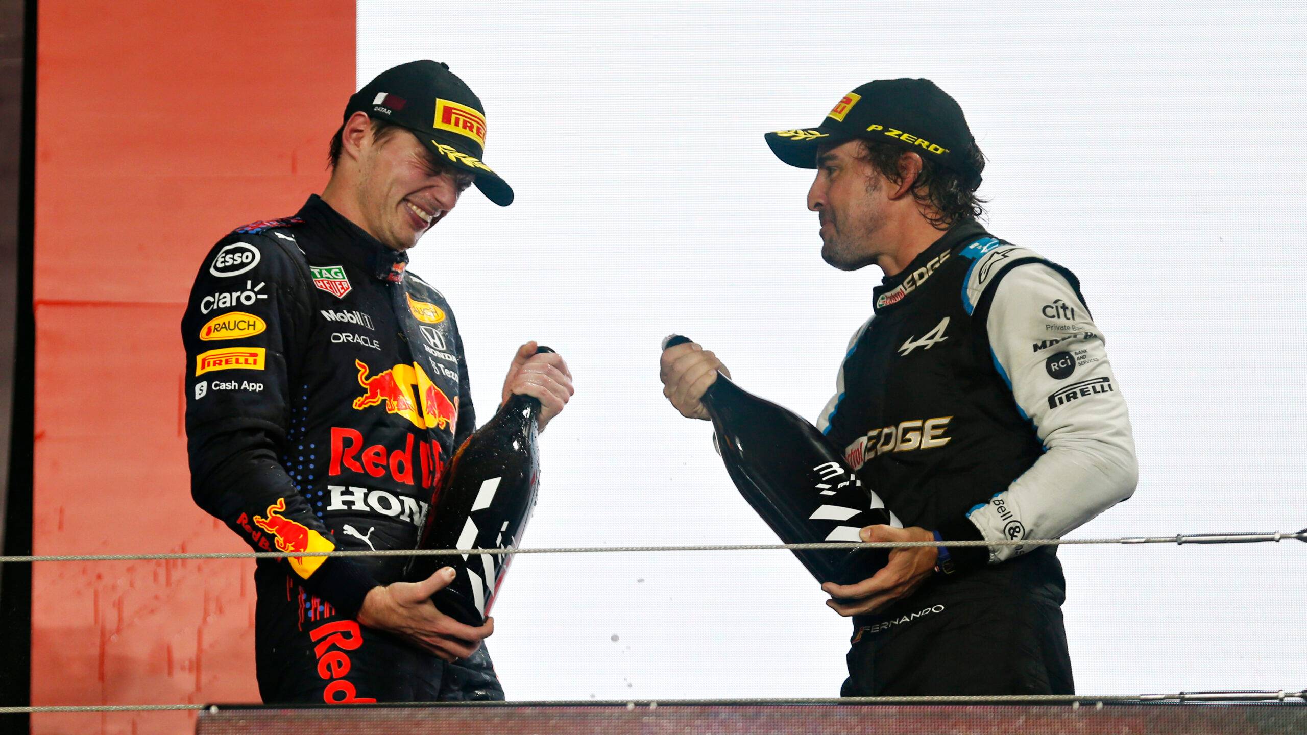 Fernando Alonso & Max Verstappen on the Qatar podium