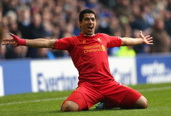 Luis Suarez celebrating for Liverpool vs Everton 