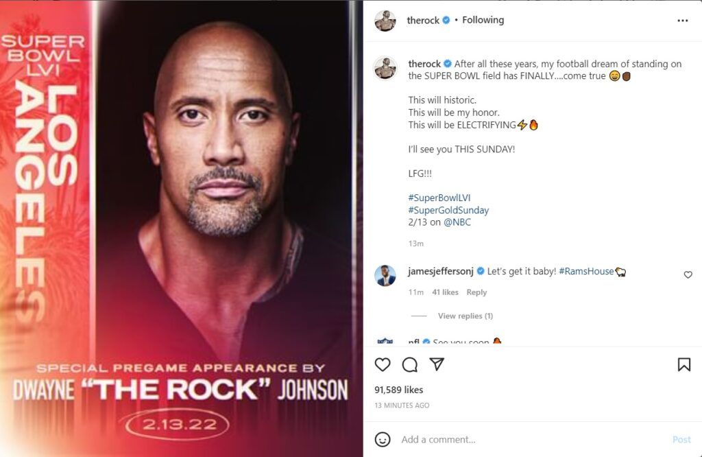 The Rock will be attending at the Super Bowl via Instagram.