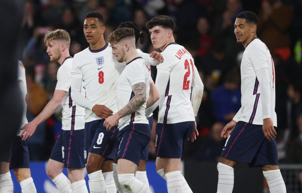 England v Andorra - Vitality Stadium, Bournemouth, Britain - March 25, 2022 England's Jacob Ramsey celebrates scoring their second goal with Valentino Livramento and teammates