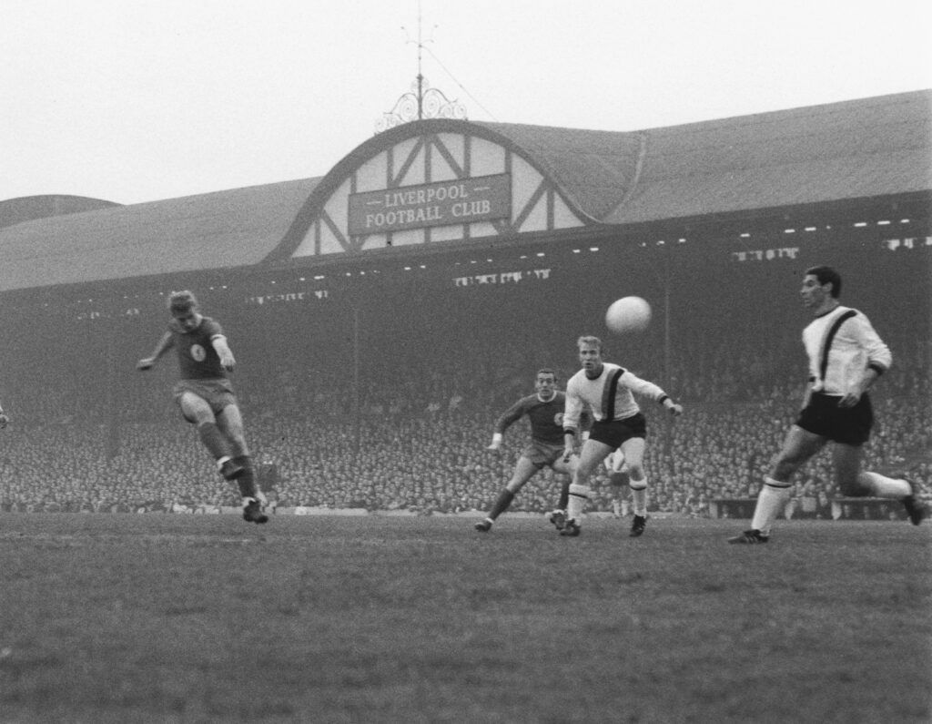 Roger Hunt (left) of Liverpool scores his team's first goal during the European Cup semi-final, first leg against Inter-Milan at Anfield, 5th May 1965. Liverpool won the match 3-1. (Photo by Central Press/Hulton Archive/Getty Images)