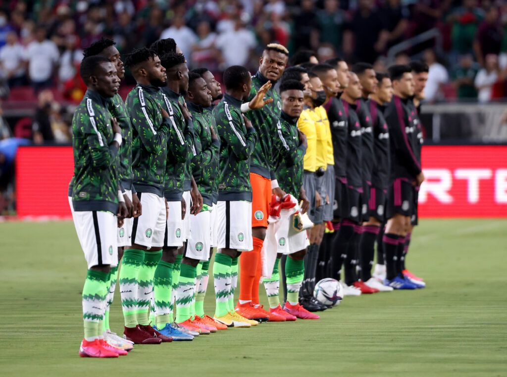 Nigeria and Mexico line up for the National Anthems during an international friendly game at Los Angeles Coliseum on July 03, 2021