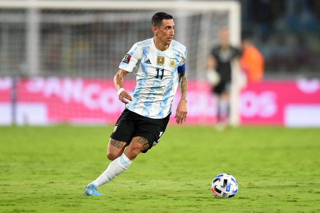 Angel Di Maria of Argentina controls the ball in a match between Argentina and Colombia.