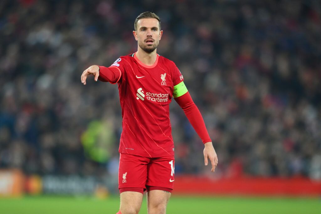Jordan Henderson of Liverpool looks on during the UEFA Champions League Round Of Sixteen Leg Two match between Liverpool FC and FC Internazionale at Anfield on March 08, 2022