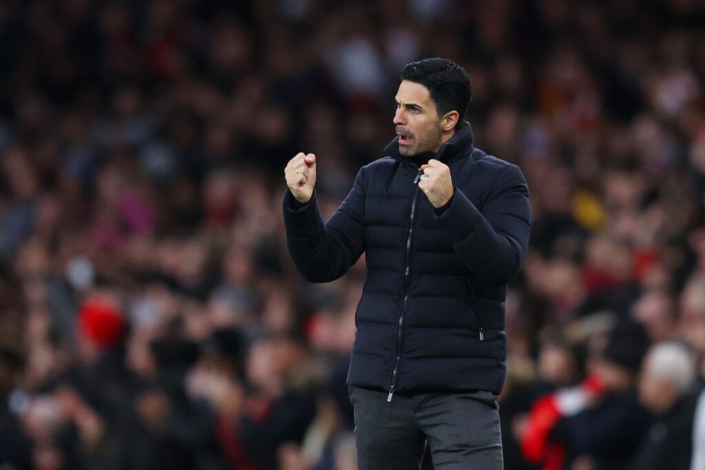 LONDON, ENGLAND - MARCH 13: Mikel Arteta, Manager of Arsenal celebrates during the Premier League match between Arsenal and Leicester City at Emirates Stadium on March 13, 2022 in London, England. (Photo by Catherine Ivill/Getty Images)