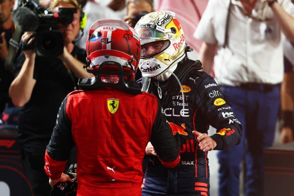 Max Verstappen and Charles Leclerc shake hands