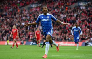 Didier Drogba celebrates scoring for Chelsea