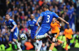 Ashley Cole lines up a volley against Wigan Athletic back in 2010