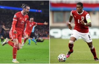 Gareth Bale of Wales and David Alaba of Austria side by side