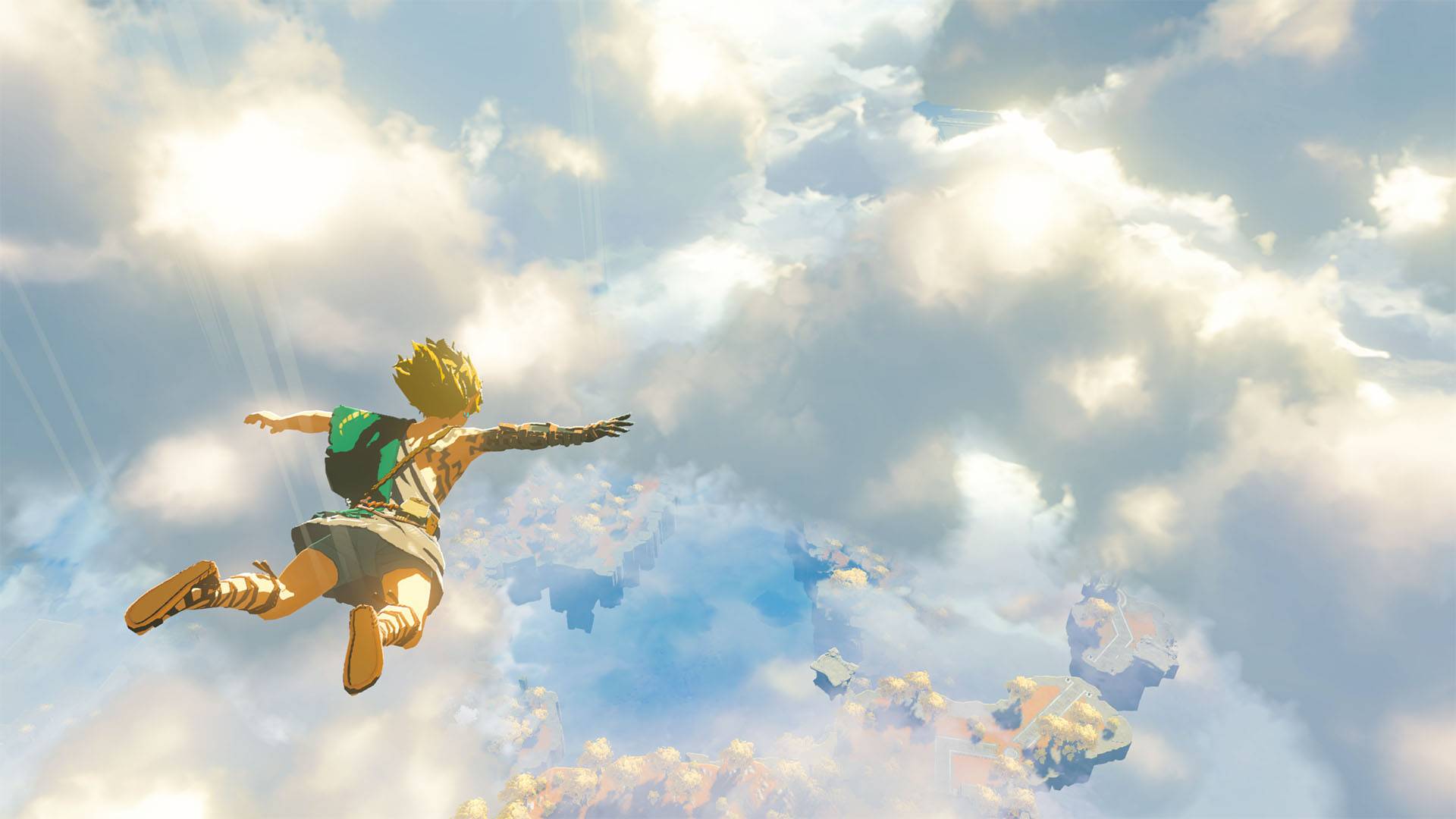 Link from the Legend of Zelda Breath of The Wild floats through the sky