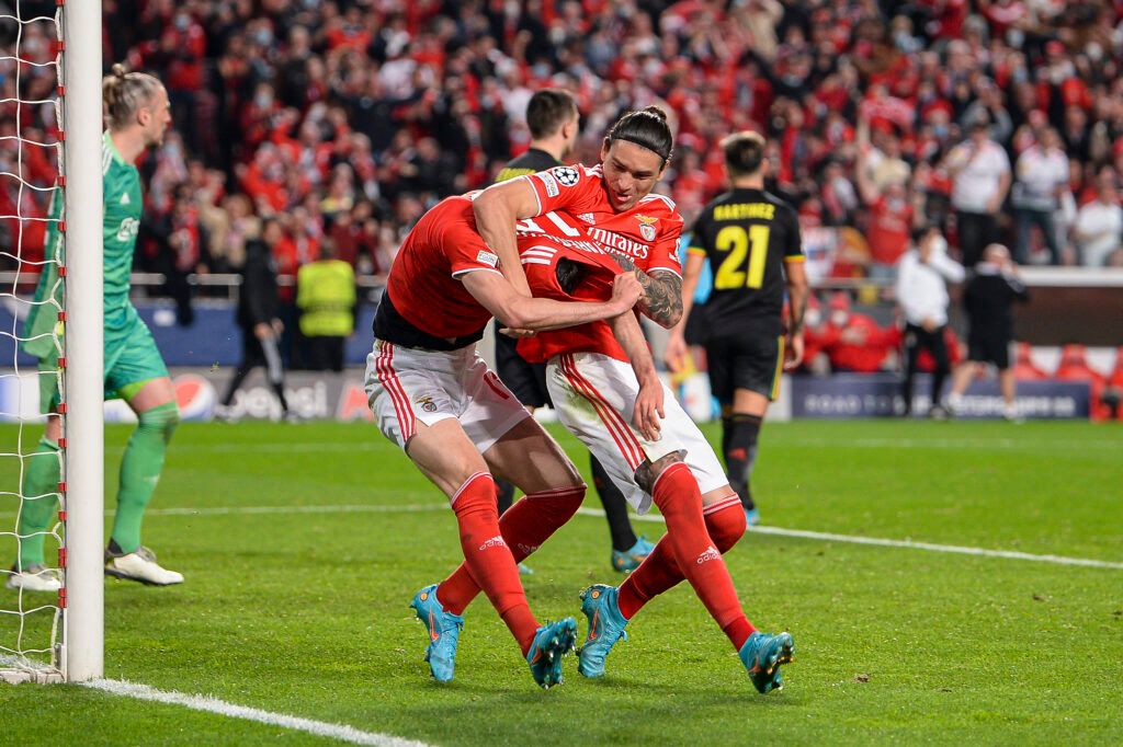 Roman Yaremchuk of Benfica celebrates with teammate Darwin Nunez after scoring their team's second goal during the UEFA Champions League Round Of Sixteen Leg One match between SL Benfica and AFC Ajax 