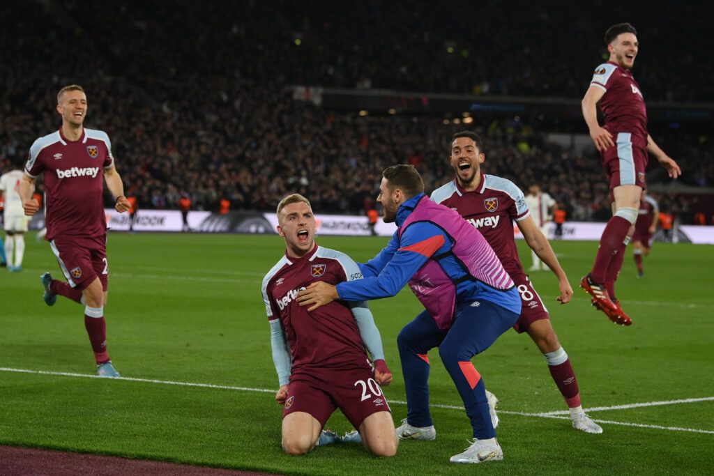 Jarrod Bowen of West Ham United celebrates with team mates after opening the scoring during the UEFA Europa League Quarter Final Leg One match between West Ham United and Olympique Lyon at Olympic Stadium