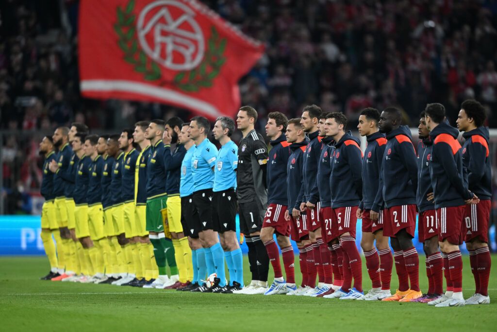 Both teams line-up prior to the UEFA Champions League Quarter Final Leg Two match between Bayern München and Villarreal CF at Football Arena Munich on April 12, 2022 in Munich, Germany