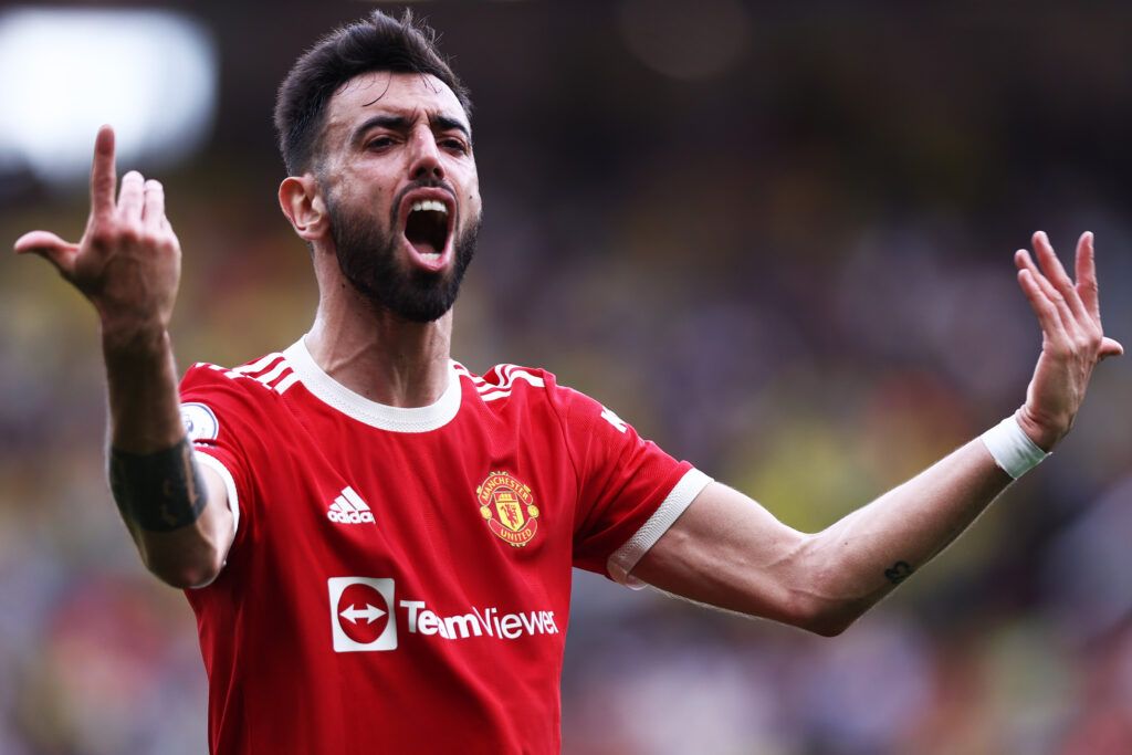 Bruno Fernandes of Manchester United reacts towards the fans during the Premier League match between Manchester United and Norwich City at Old Trafford on April 16, 2022 in Manchester, England