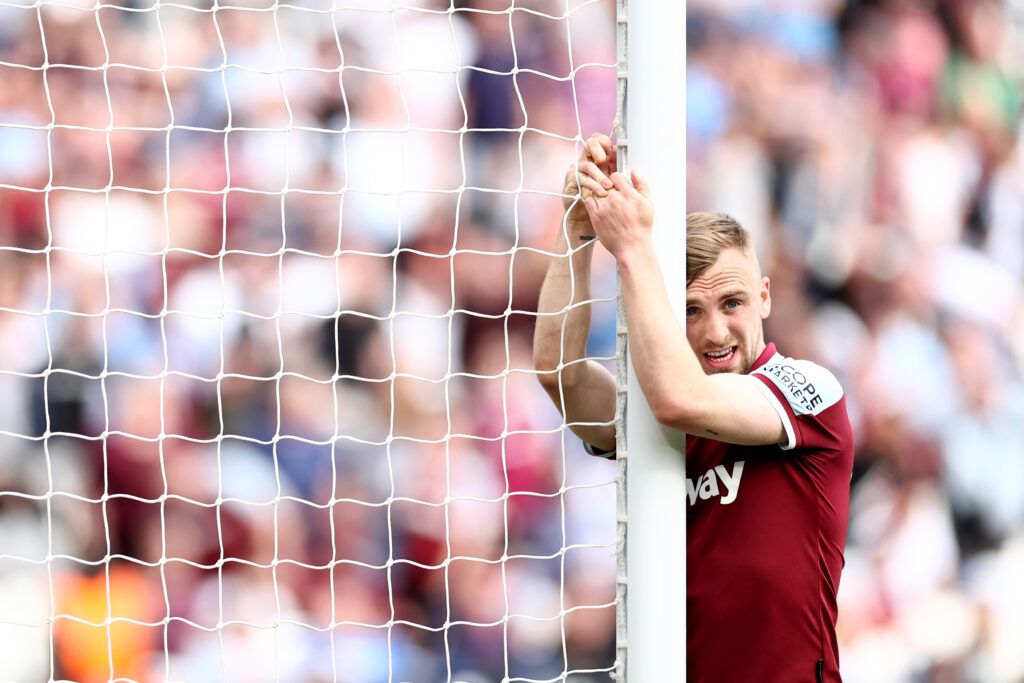 arrod Bowen of West Ham United reacts during the Premier League match between West Ham United and Burnley at London Stadium on April 17, 2022 in London, England. 
