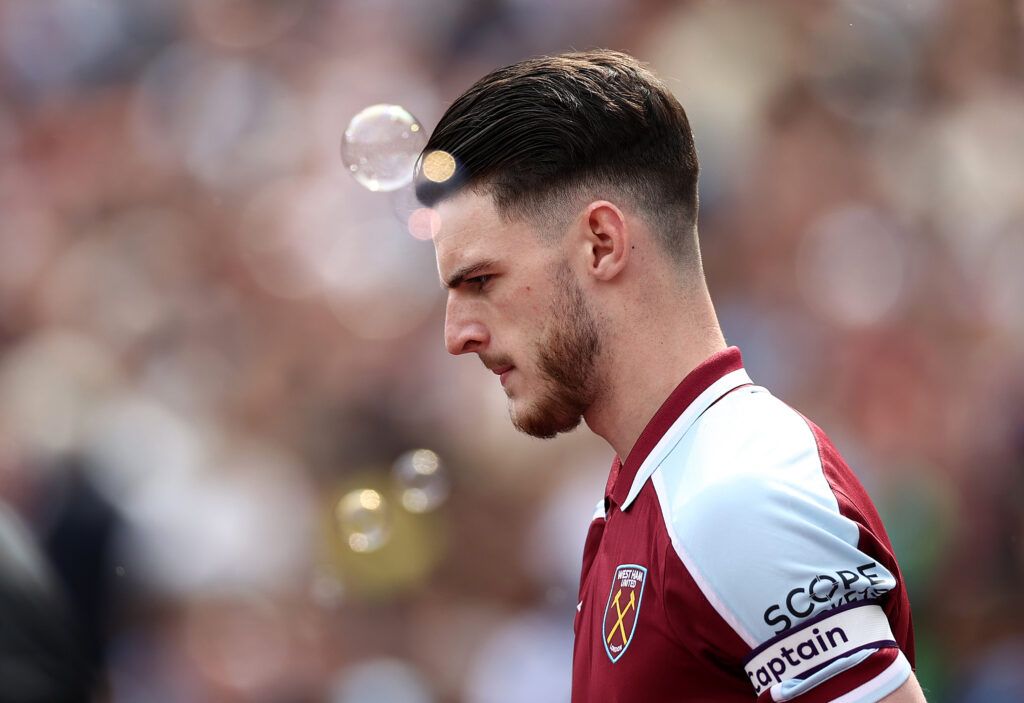 Declan Rice of West Ham United walks out onto the pitch during the Premier League match between West Ham United and Burnley at London Stadium on April 17, 2022 in London, England.
