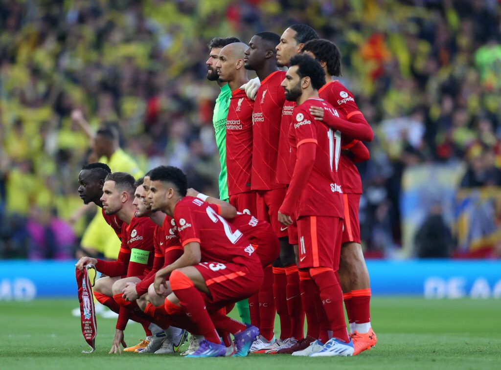 Players of Liverpool FC line up prior to the UEFA Champions League Semi Final Leg One match between Liverpool and Villarreal at Anfield on April 27, 2022 in Liverpool, England.
