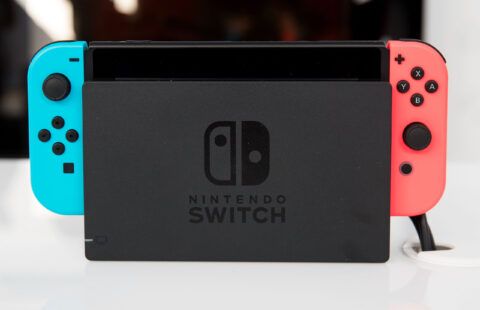 The Nintendo Switch console with blue and red joypads