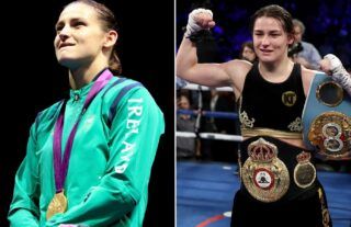 Split image of boxer Katie Taylor with her Olympic gold medal and title belts