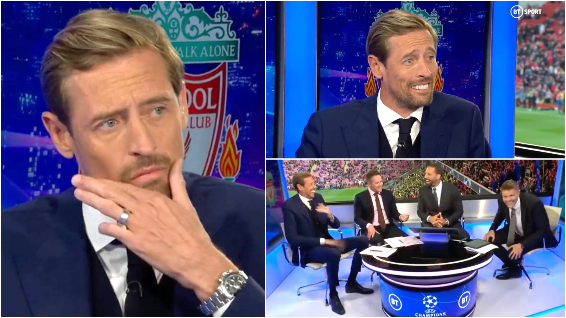 Peter Crouch had everyone in stitches when asked 'Who scored Liverpool's last SF goal at Anfield?'