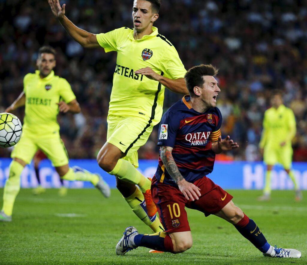 Messi playing for Barcelona.