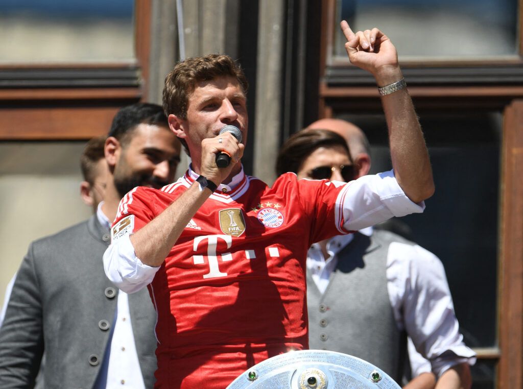 Bayern Munich's Thomas Muller celebrates winning the Bundesliga