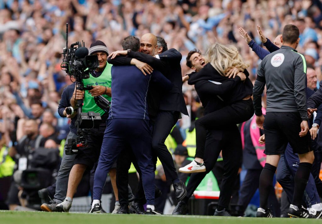 Guardiola celebrates winning the league.