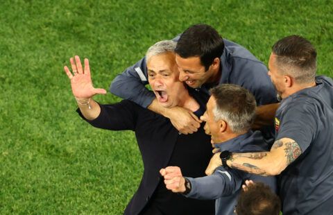 Roma's Mourinho gesturing.