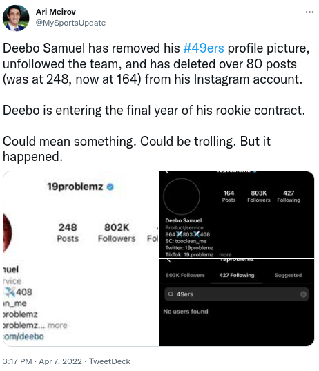 Ari Meirov on Deebo Samuel's social media account
