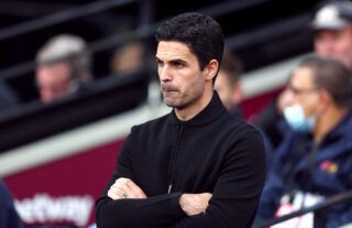 Arsenal manager Mikel Arteta watching on closely from the touchline