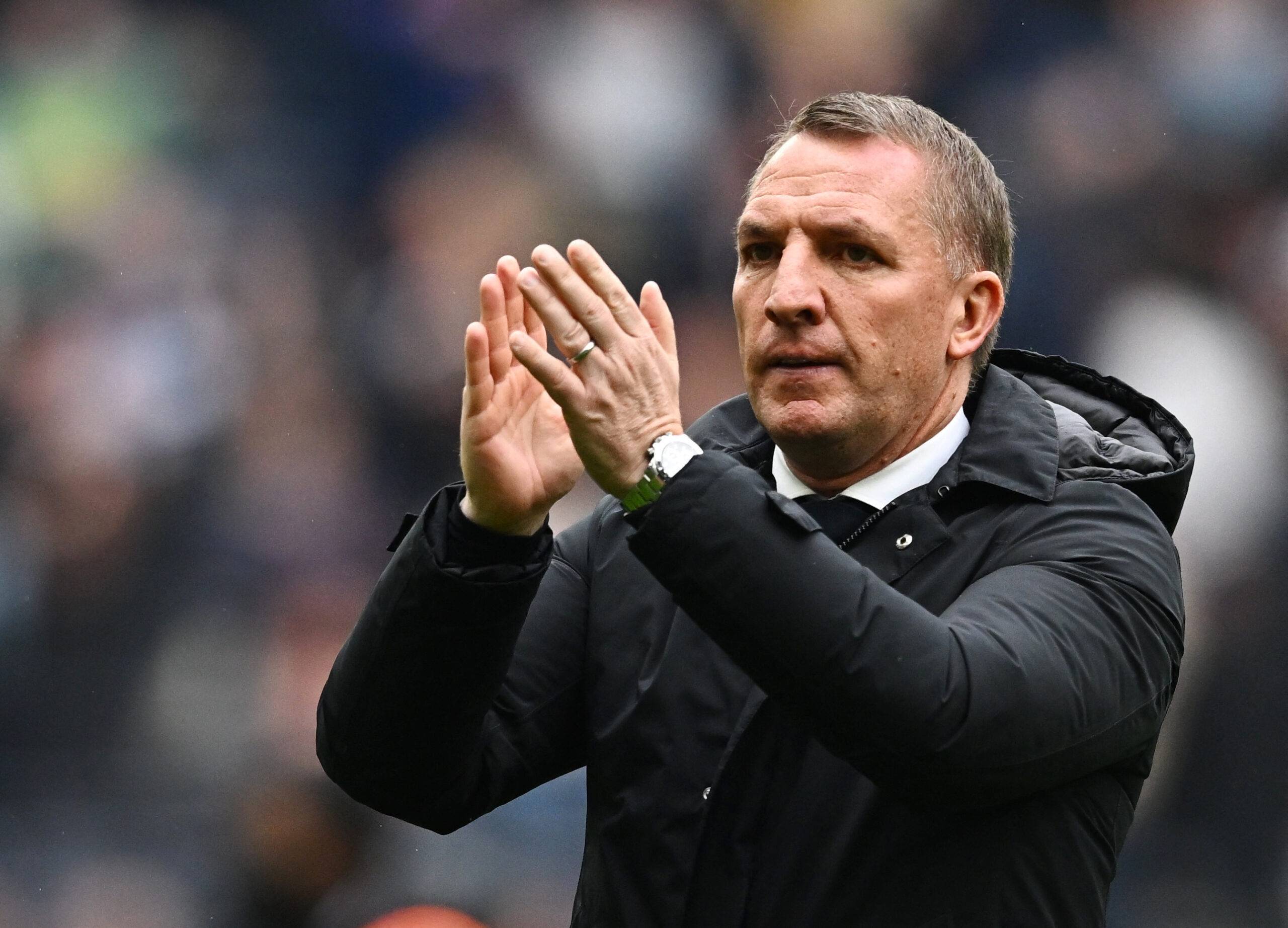 Leicester City boss Brendan Rodgers applauds the supporters