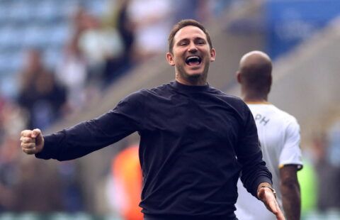 Everton manager Frank Lampard celebrates after Leicester City win